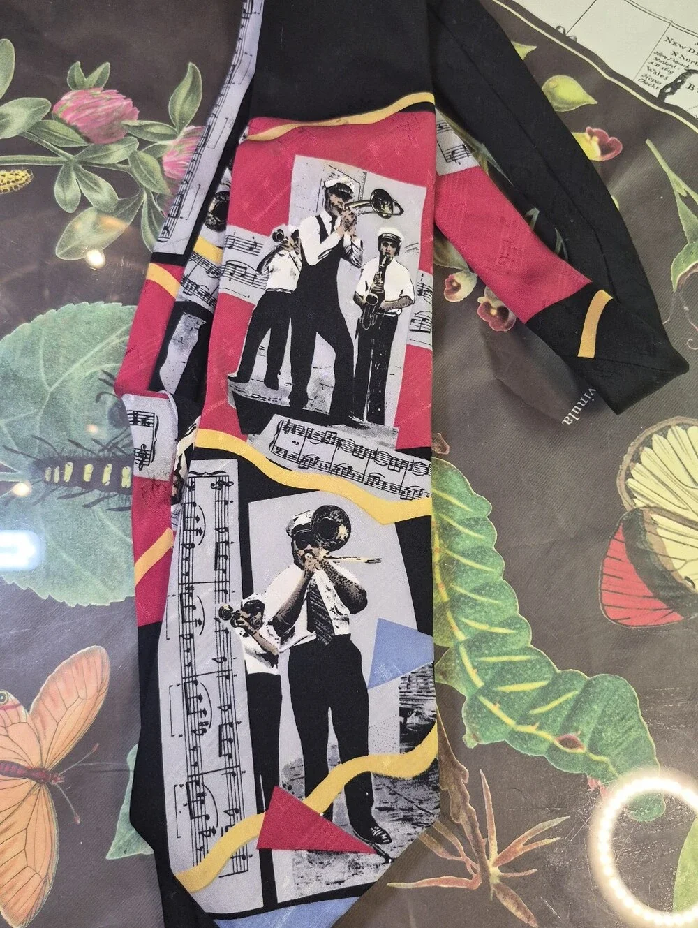 Vintage Jazz Band Graphic Tie in Black, Red, Yellow Silk